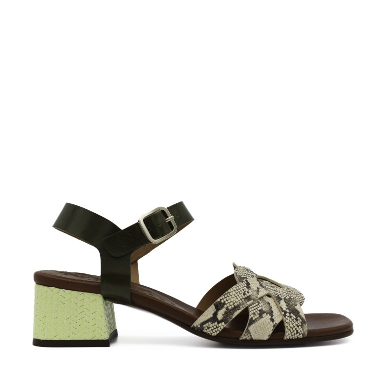 Quaura sandal med reptilpreget skinn og detaljer i grønt