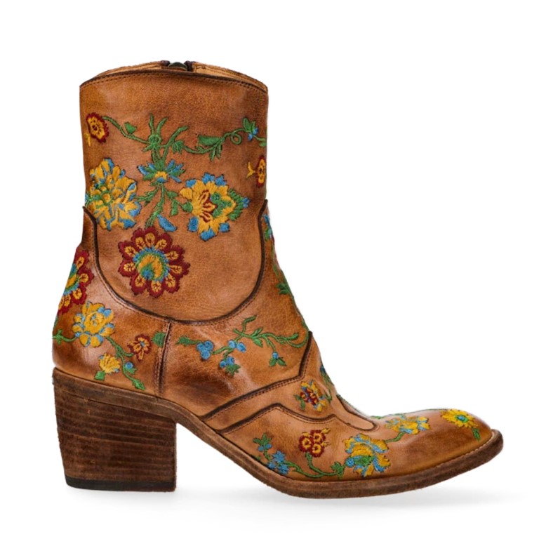 Gyllenbrun feminin boots med fargesprakende blomsterbroderi