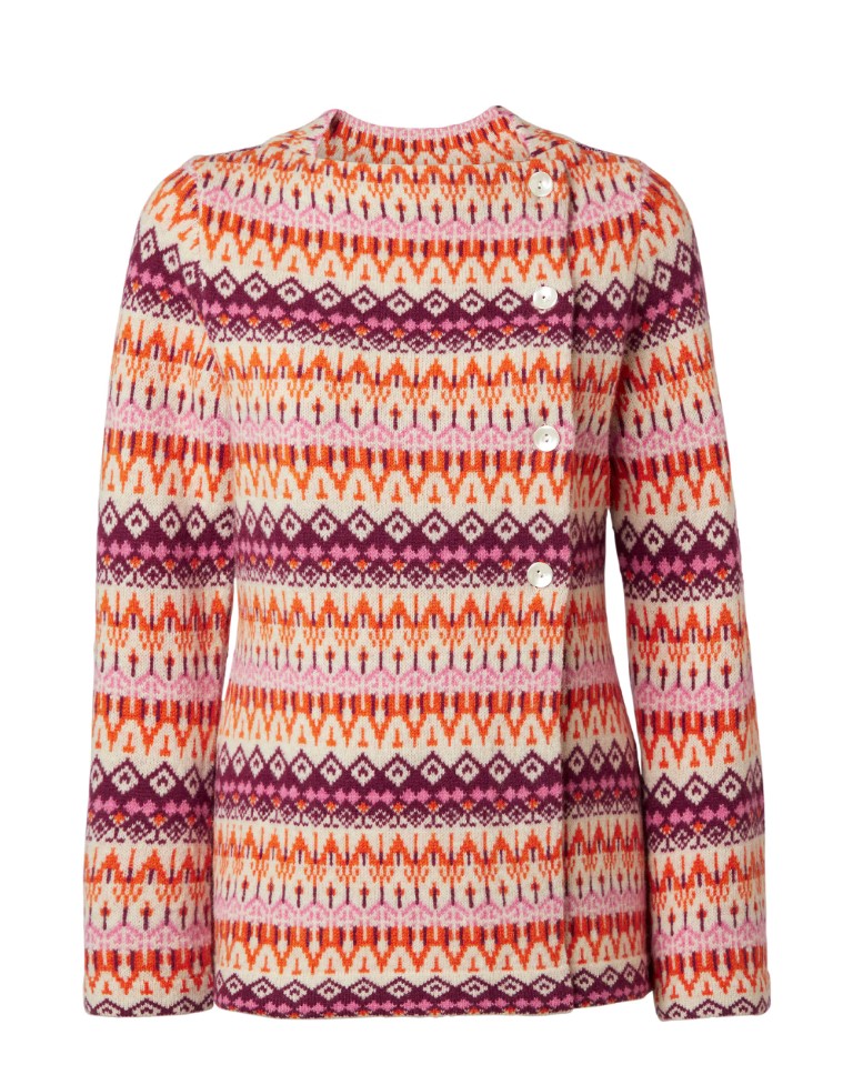 Sivie cardigan beige i 100% lammeull med fargerikt mønster