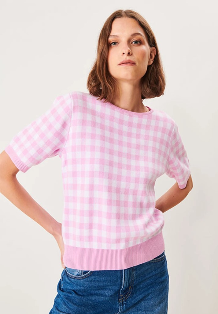 Bess topp med korte ermer i rosa- og hvitrutet bomull