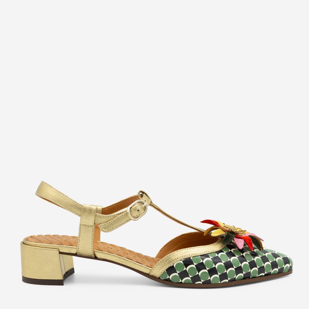 "Spiss" jadefarget slingback med sjarmerende blomster